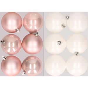 Decoris 12x stuks kunststof kerstballen mix van lichtroze en winter wit 8 cm -