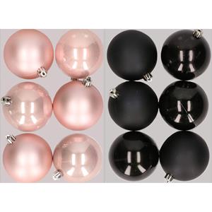 Decoris 12x stuks kunststof kerstballen mix van lichtroze en zwart 8 cm -