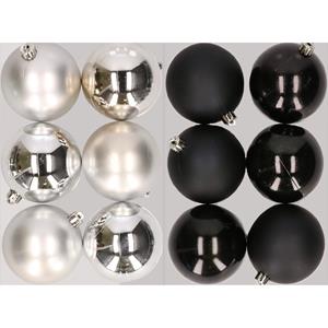 Decoris 12x stuks kunststof kerstballen mix van zilver en zwart 8 cm -