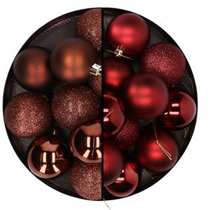 Cosy & Trendy 24x stuks kunststof kerstballen mix van donkerbruin en donkerrood 6 cm -