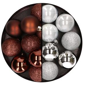 Cosy & Trendy 24x stuks kunststof kerstballen mix van donkerbruin en zilver 6 cm -