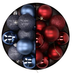 Cosy & Trendy 24x stuks kunststof kerstballen mix van donkerblauw en donkerrood 6 cm -