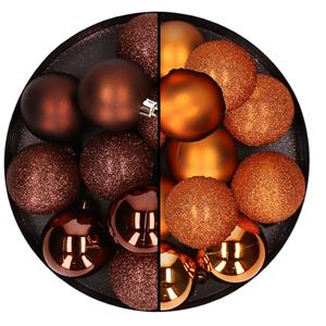Cosy & Trendy 24x stuks kunststof kerstballen mix van donkerbruin en oranje 6 cm -