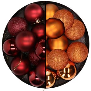 Cosy & Trendy 24x stuks kunststof kerstballen mix van donkerrood en oranje 6 cm -