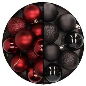 Cosy & Trendy 24x stuks kunststof kerstballen mix van donkerrood en zwart 6 cm -