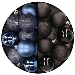 Cosy & Trendy 24x stuks kunststof kerstballen mix van donkerblauw en zwart 6 cm -