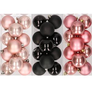 Bellatio 36x stuks kunststof kerstballen mix van lichtroze, zwart en oudroze 6 cm -