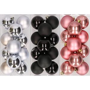 Bellatio 36x stuks kunststof kerstballen mix van zilver, zwart en oudroze 6 cm -