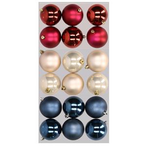 Decoris 18x stuks kunststof kerstballen mix van donkerblauw, champagne en donkerrood 8 cm -