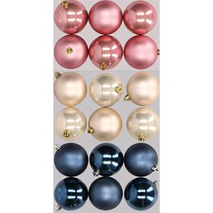 Decoris 18x stuks kunststof kerstballen mix van donkerblauw, champagne en oudroze 8 cm -