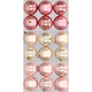 Decoris 18x stuks kunststof kerstballen mix van lichtroze, champagne en oudroze 8 cm -