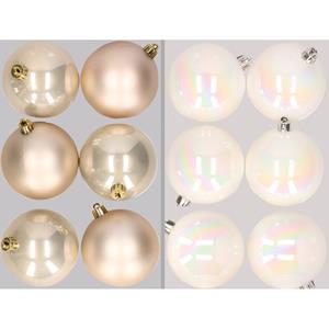 Bellatio 12x stuks kunststof kerstballen mix van champagne en parelmoer wit 8 cm -