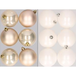 Bellatio 12x stuks kunststof kerstballen mix van champagne en winter wit 8 cm -