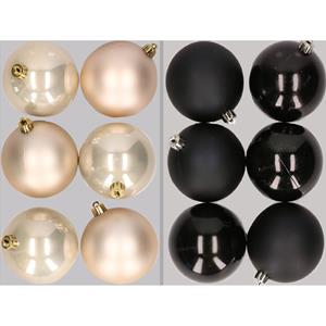 Bellatio 12x stuks kunststof kerstballen mix van champagne en zwart 8 cm -