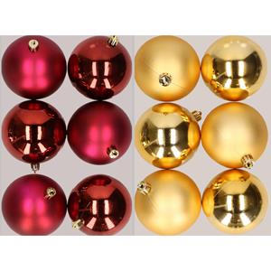 Bellatio 12x stuks kunststof kerstballen mix van donkerrood en goud 8 cm -