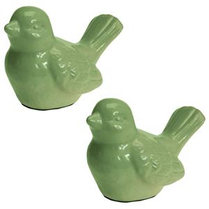 Set van 2x stuks tuinbeeld vogel groen staart omhoog 12 cm - Tuin decoratie dieren beelden