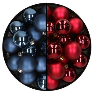Decoris 32x stuks kunststof kerstballen mix van donkerblauw en donkerrood 4 cm -
