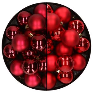 Decoris 32x stuks kunststof kerstballen mix van donkerrood en rood 4 cm -