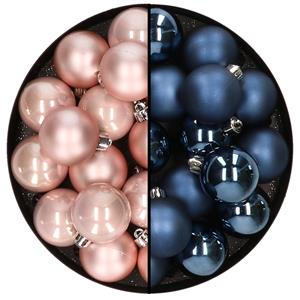 Decoris 32x stuks kunststof kerstballen mix van lichtroze en donkerblauw 4 cm -