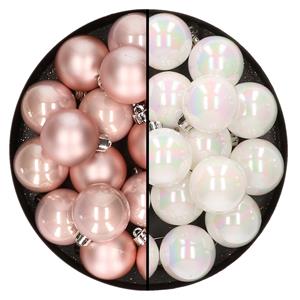 Decoris 32x stuks kunststof kerstballen mix van lichtroze en parelmoer wit 4 cm -