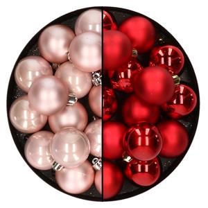 Decoris 32x stuks kunststof kerstballen mix van lichtroze en rood 4 cm -