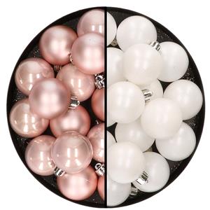 Decoris 32x stuks kunststof kerstballen mix van lichtroze en wit 4 cm -