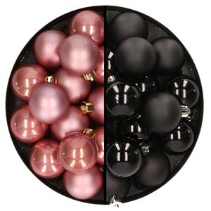 Decoris 32x stuks kunststof kerstballen mix van oudroze en zwart 4 cm -