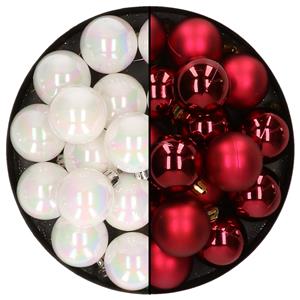 Decoris 32x stuks kunststof kerstballen mix van parelmoer wit en donkerrood 4 cm -