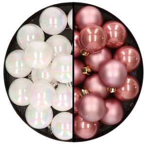 Decoris 32x stuks kunststof kerstballen mix van parelmoer wit en oudroze 4 cm -