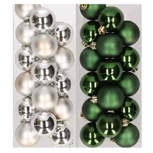32x stuks kunststof kerstballen mix van zilver en donkergroen 4 cm -
