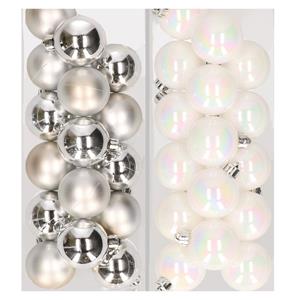 Decoris 32x stuks kunststof kerstballen mix van zilver en parelmoer wit 4 cm -