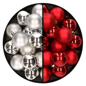 Decoris 32x stuks kunststof kerstballen mix van zilver en rood 4 cm -