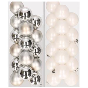 Decoris 32x stuks kunststof kerstballen mix van zilver en wit 4 cm -