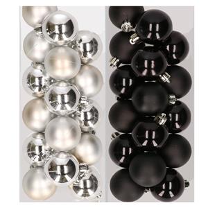 Decoris 32x stuks kunststof kerstballen mix van zilver en zwart 4 cm -