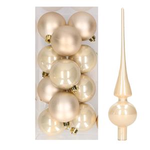 Decoris 12x Champagne kunststof kerstballen met glazen piek glans -