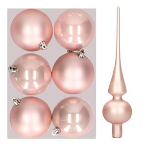 Bellatio Set van 6x stuks kunststof kerstballen 8 cm inclusief glazen piek lichtroze -