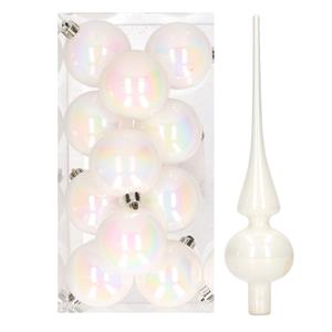 Decoris 12x Parelmoer witte kunststof kerstballen met glazen piek glans -