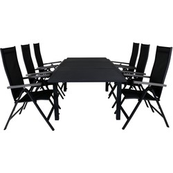 Hioshop Marbella tuinmeubelset tafel 100x160/240cm en 6 stoel Albany zwart.