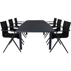 Hioshop Marbella tuinmeubelset tafel 100x160/240cm en 6 stoel Alina zwart.