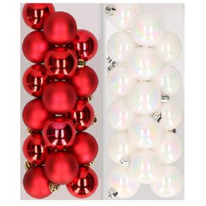 Decoris 32x stuks kunststof kerstballen mix van rood en parelmoer wit 4 cm -