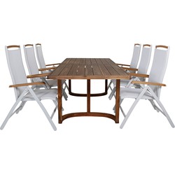 Hioshop Erica tuinmeubelset tafel 100x214cm en 6 stoel 5pos Panama naturel, wit.