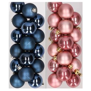 Decoris 32x stuks kunststof kerstballen mix van donkerblauw en oudroze 4 cm -