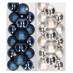 Decoris 32x stuks kunststof kerstballen mix van donkerblauw en zilver 4 cm -