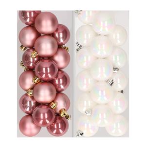 Decoris 32x stuks kunststof kerstballen mix van oudroze en parelmoer wit 4 cm -