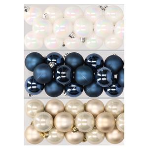 Decoris 48x stuks kunststof kerstballen mix van parelmoer wit, donkerblauw en champagne 4 cm -