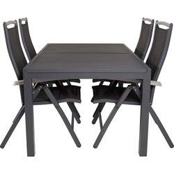 Hioshop Marbella tuinmeubelset tafel 100x160/240cm en 4 stoel 5pos Albany zwart.