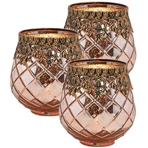 Bellatio Set Van 3x Stuks Glazen Design Windlicht/kaarsenhouder Rose Goud 13 X 14 X 13 Cm - Waxinelichtjeshouders