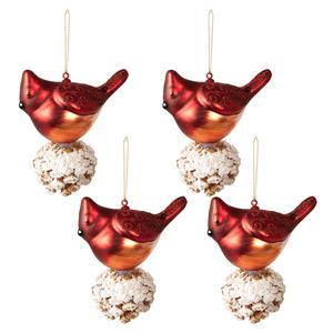 Clayre & Eef Kerstbal Vogel 11*6*11 Cm Rood Wit Glas Kerstdecoratie Kerstversiering Kerstboomversiering Rood