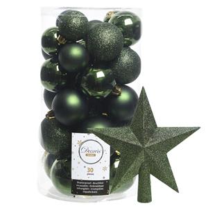 Decoris kerstballen 30x stuks - donkergroen 4/5/6 cm kunststof mat/glans/glitter mix en piek -