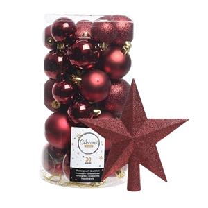 Decoris kerstballen 30x stuks - donkerrood 4/5/6 cm kunststof mat/glans/glitter mix en piek -